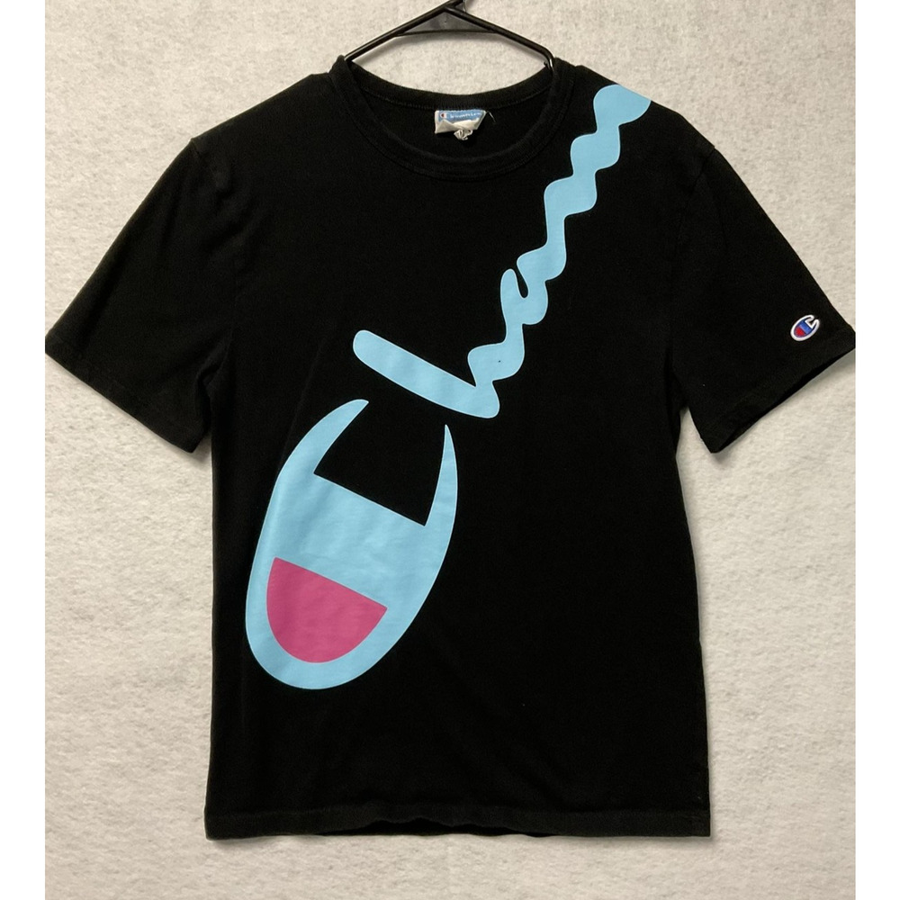 Champion Shirt Mens Small Black Blue Pink Script Logo Graphic Tee Streetwear